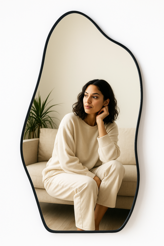 Espelho moderno com formato orgânico refletindo um ambiente minimalista.